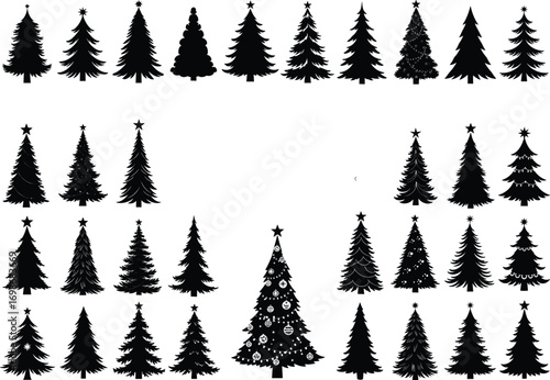 Black Christmas trees silhouette collection, festive pine tree clipart, holiday decoration elements, winter celebration icons, vector art set.