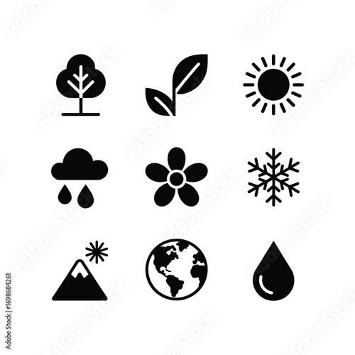 Set of nine simple black icons representing nature weather and seasons including a tree leaf sun cloud rain flower snowflake mountain and earth