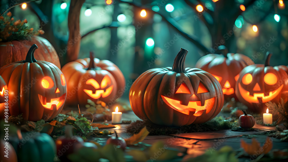 Fototapeta premium Glowing jack o lanterns in dark forest with fairy lights halloween pumpkins