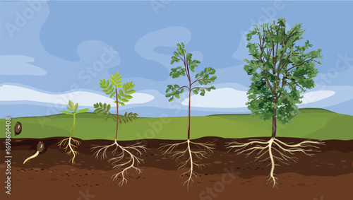 Summer landscape with life cycle of abstract deciduous tree. Growth stages from seed and sprout to old tree old tree with root system and green crown	
