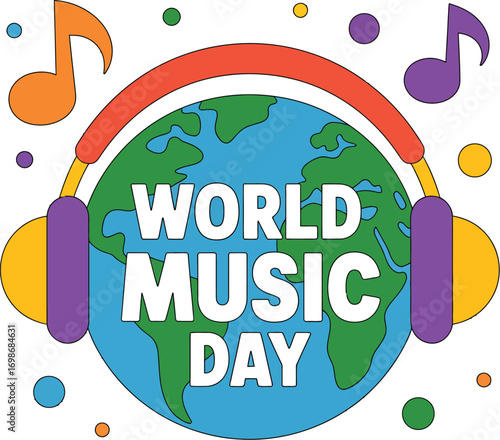 Vibrant illustration of planet Earth wearing headphones, celebrating global music and diversity with colorful notes.