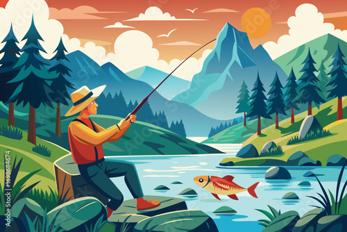 A cheerful illustration depicts a man fishing in a serene mountain river setting.