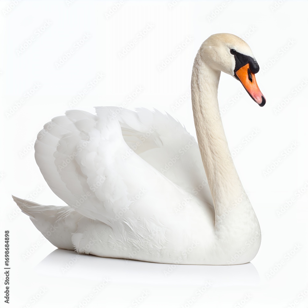 Obraz premium Elegant swan portrait displaying smooth white feathers and graceful neck curve on white background