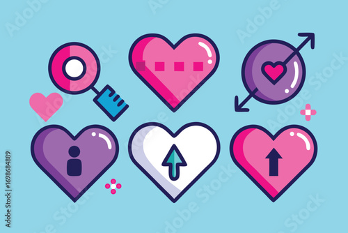 A vibrant collection of heart-shaped icons, in various colors (pink, purple, white) with different actions, including a magnifying glass, love arrow, person icon, and up arrow.