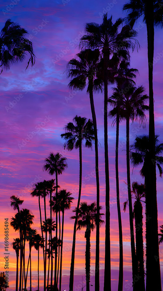 Obraz premium Dramatic Palm Tree Silhouettes at Sunset A Vibrant Display of Blues, Purples, Oranges, and Pinks Against a Textured Sky