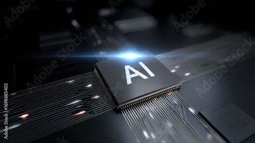 Blue light spreading from chip core creates futuristic atmosphere highlighting advanced artificial intelligence technology and digital innovation