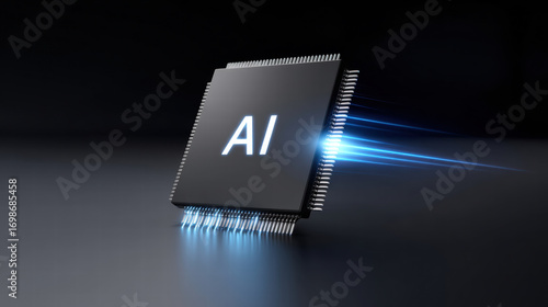 Blue light spreading from chip core creates futuristic and innovative atmosphere with glowing effect on black background