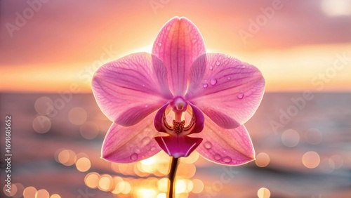Delicate pink orchid flower with water droplets against a soft bokeh sunset over the ocean