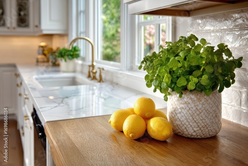 Wallpaper Mural Bright kitchen has lemons and plant on counter with faucet near window. It shows homey kitchen design for lifestyle, cooking and decoration. Torontodigital.ca
