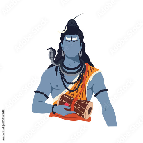 Lord Shiva, the revered Hindu deity, is depicted in a serene and minimalist flat 2D vector illustration, gracefully holding his sacred damaru drum against a clean white background.