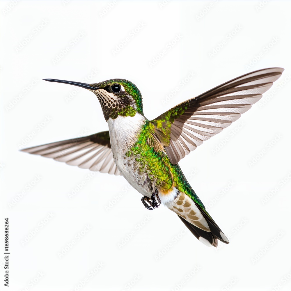 Fototapeta premium Vibrant hummingbird exhibiting captivating flight patterns in a pristine environment on white background