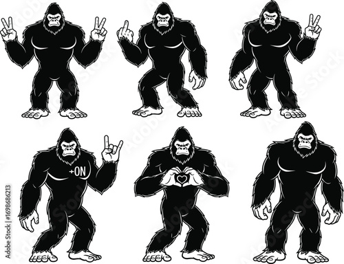 Cartoon gorilla illustrations with various hand gestures, expressions, muscular body, playful and serious poses, fun wildlife character, animal art