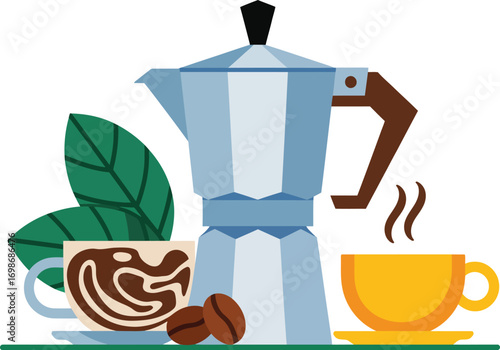 Refreshing morning coffee preparation with a classic stovetop maker and steaming cups.