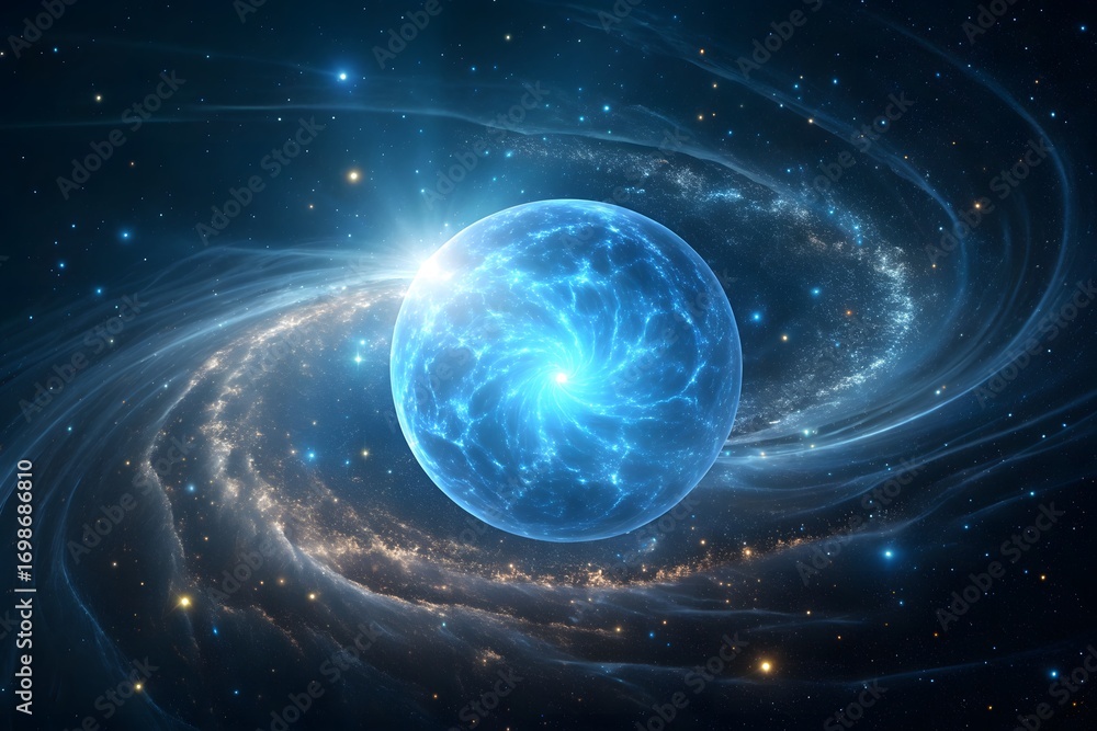 Obraz premium Blue Planet With Galactic Swirls And Bright Starburst galaxy space neon PNG Transparent background