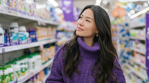 Asian female shopping in grocery store aisle wearing purple sweater