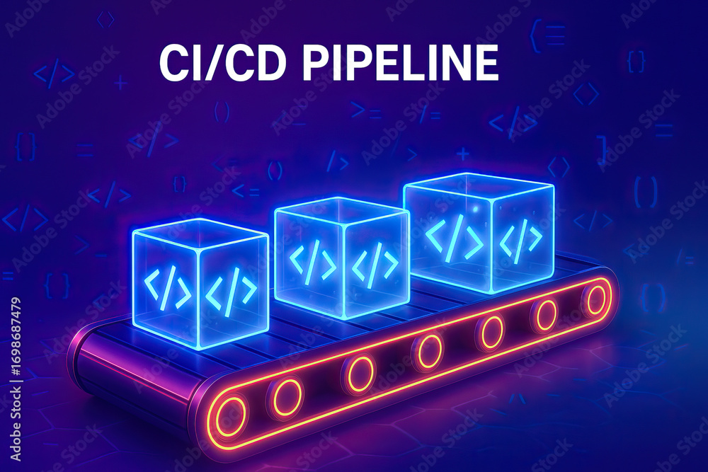 Obraz premium Glowing conveyor belt with digital code blocks symbolizing CI/CD pipeline, software automation, DevOps, and secure code deployment.