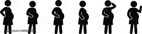 Stickman silhouette stages of pregnancy showing female figure from early trimester to late maternity with baby bump progression