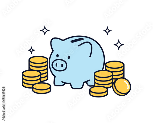 Minimalist Vector Icon of Piggy Bank with Many Coins