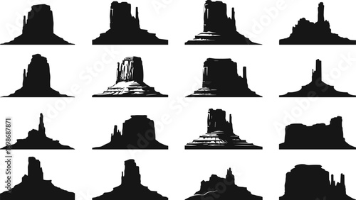 Collection of desert rock formations, Monument Valley silhouettes, sandstone buttes, American Southwest landscape elements, western nature icons, geological formations.
