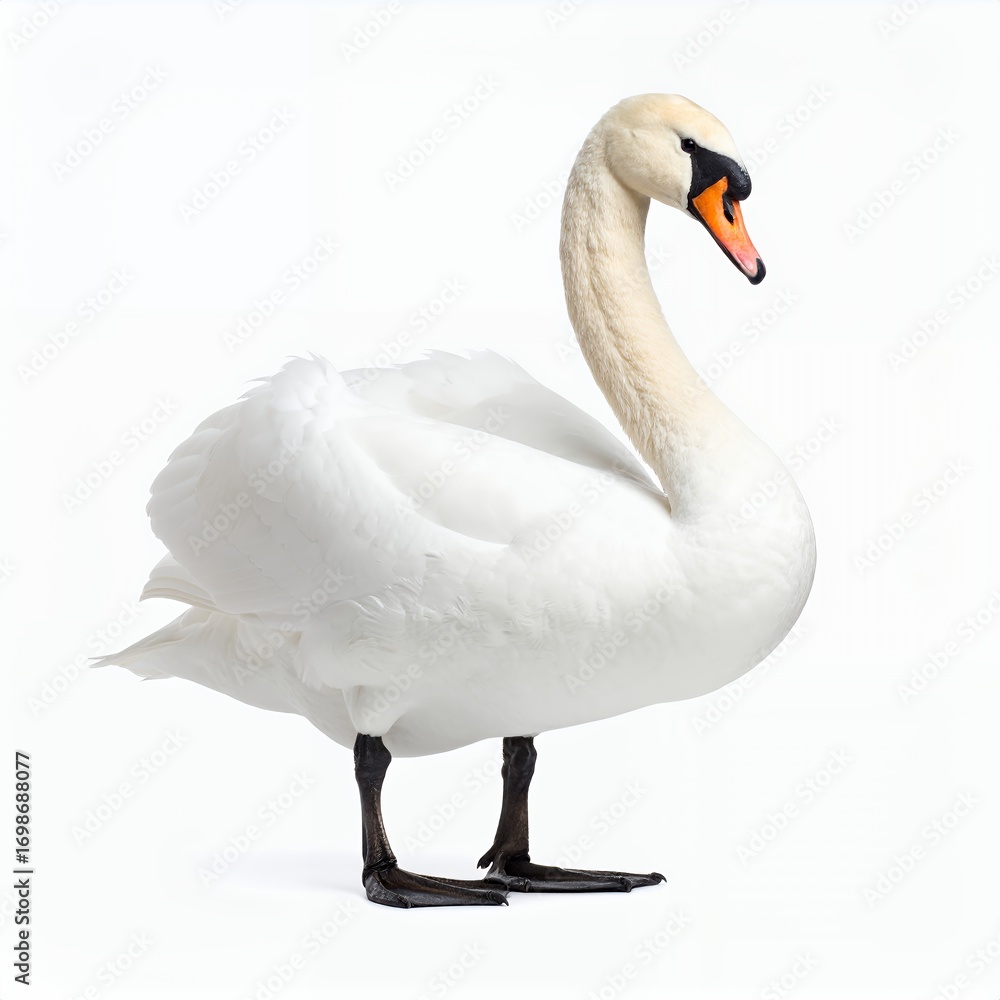 Fototapeta premium Elegant swan gracefully posing, showcasing its pristine white plumage on white background
