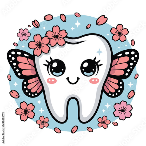 A super cute molar tooth in spring blossom festival theme, in sparkling kawaii style, surrounded by floating sakura petals with flower crown and butterfly wings.