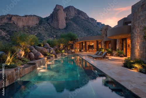 Luxury home has an infinity pool and mountain backdrop in Scottsdale, Arizona. This image showcases aspirational living and high end real estate.