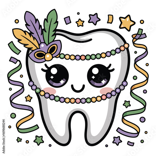 A super cute molar in a Mardi Gras theme, in glittery kawaii style, wearing a festive feather mask and beads, surrounded by streamers, stars and pastel confetti.
