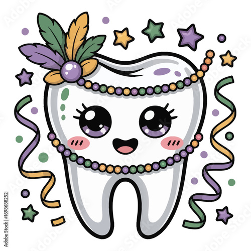 A super cute molar in a Mardi Gras theme, in glittery kawaii style, wearing a festive feather mask and beads, surrounded by streamers, stars and pastel confetti.