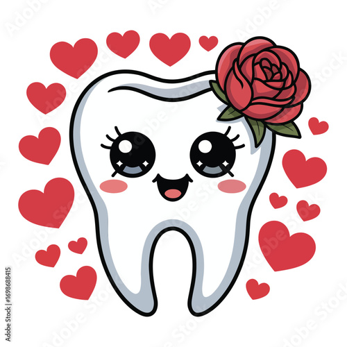 A charming Valentine's Day molar tooth in a sparkling kawaii style with a red rose on a red heart background.