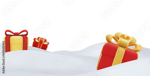 3D gift boxes with golden ribbons in snowy hills isolated on white background for Christmas holiday banner and festive promotion