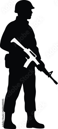 Vietcong soldier with rifle gun in Vietnam war silhouette vector, military man in the battle
