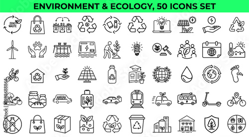 Environment & Ecology Icons Set – Vector Symbols for Sustainability, Green Energy, Recycling & Eco Solutions, 50 detailed symbols  