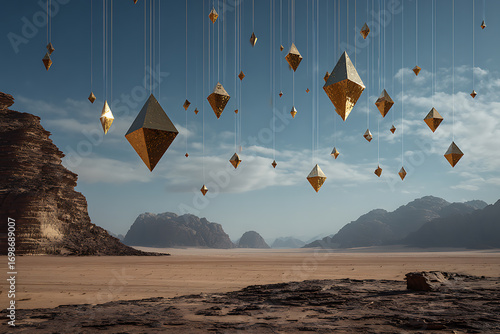 Fototapeta Naklejka Na Ścianę i Meble -  Desert landscape with floating gold diamonds abstract art surreal scene fantasy dreamscape background wallpaper image
