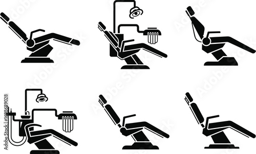 Dental chair vector set, dentist equipment illustration, black silhouette icons, medical furniture clipart, oral healthcare tools, professional clinic symbols.