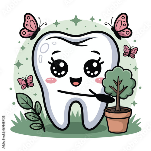 A super cute molar in an Arbor Day theme, in sparkling kawaii style, plants a small pastel tree in a flower pot, surrounded by butterflies and leaves.