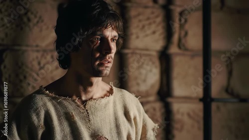 Injured man, stone cell, tear, film scene, drama