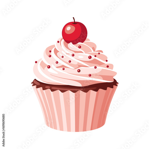 Deliciously decorated vanilla bean cupcake with creamy pink frosting and cherry topping