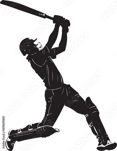 Dynamic black silhouette of a cricket batsman mid-swing with detailed pads and helmet on white Keywords: cricket, batsman, silhouette, sport, game, player, bat, swing, action, athletic, equipment