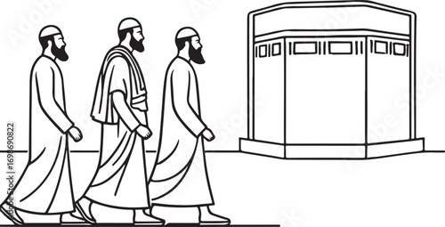 Line drawing of three men in traditional Islamic clothing walking towards the Kaaba traditional clothing