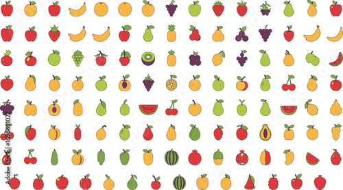 Colorful Fruit Illustration Set - Apples, Bananas, Grapes, Pears, and More