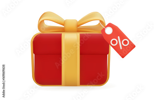 3D red gift box with golden ribbon and percent tag isolated on white background for discount, sale and festive promotion