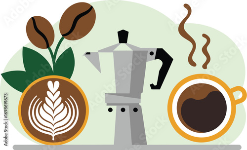 Steaming cup of coffee and moka pot with latte art and coffee beans, a warm morning beverage.