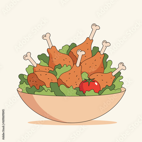 Delicious crispy fried chicken drumsticks served in a bowl with fresh lettuce and a ripe tomato for a tasty meal