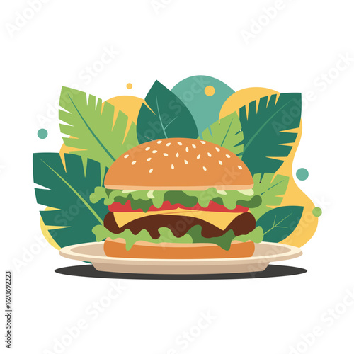 Delicious juicy burger with fresh vegetables and tropical leaves for a healthy meal