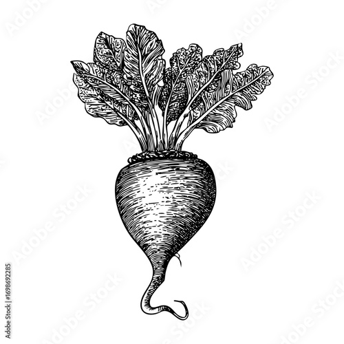Detailed engraving of beetroot. A root vegetable engraving with leaves. Botanical engraving of a garden beet with a long root.