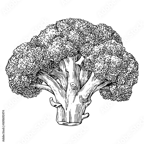 Broccoli engraving illustration. Detailed vegetable drawing. Food engraving. Isolated on white background. Healthy eating.