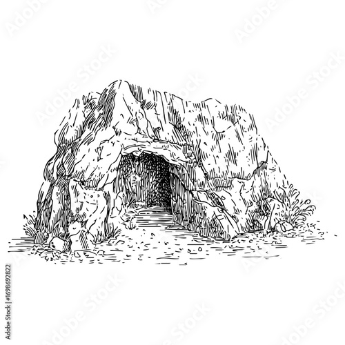 Detailed engraving of a rock cave entrance. Natural light engraving, stone cave engraving, and cavern engraving illustration.