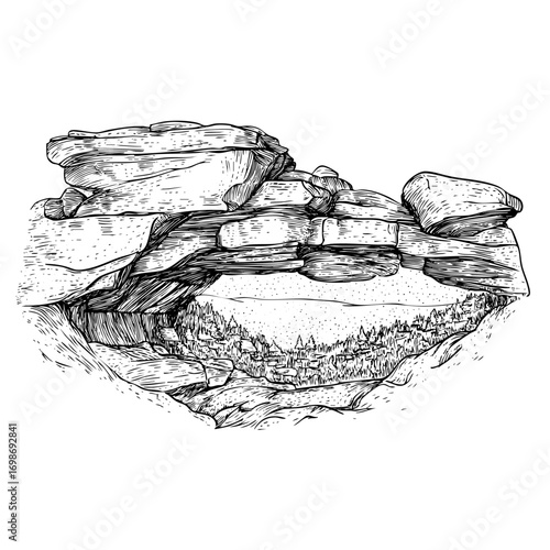 Engraving of rock arch landscape. Distant village engraving, stone arch engraving, and natural bridge engraving illustration.