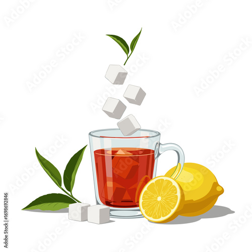 Refreshing brew of hot tea with sugar cubes and fresh lemon slices for a perfect beverage experience