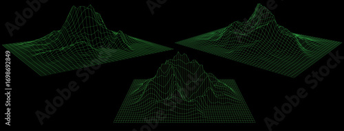 3D landscape wireframe with digital terrain model, topographic grid surface visualization and futuristic terrain mapping for technology, data analysis and abstract design